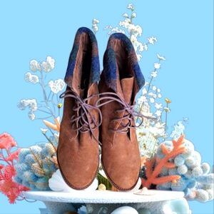 Ankle Wedge Boots with Blue Plaid Felt Trim 👢🥾🤎 Leather